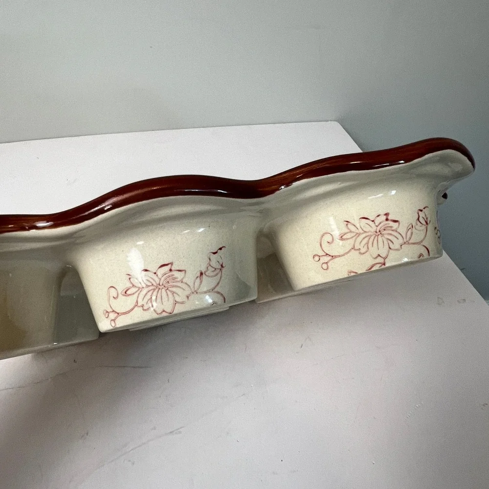 Temp-tations Muffin Pan 6 Cup Cranberry Red Floral Lace Ceramic Stoneware Baker